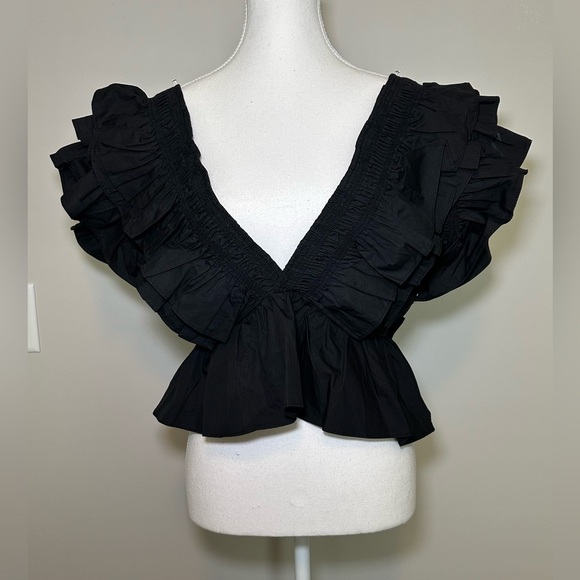 Nasty Gal ruffle pointed dramatic shoulder puff black peplum deep v-neck fashion - Picture 3 of 11